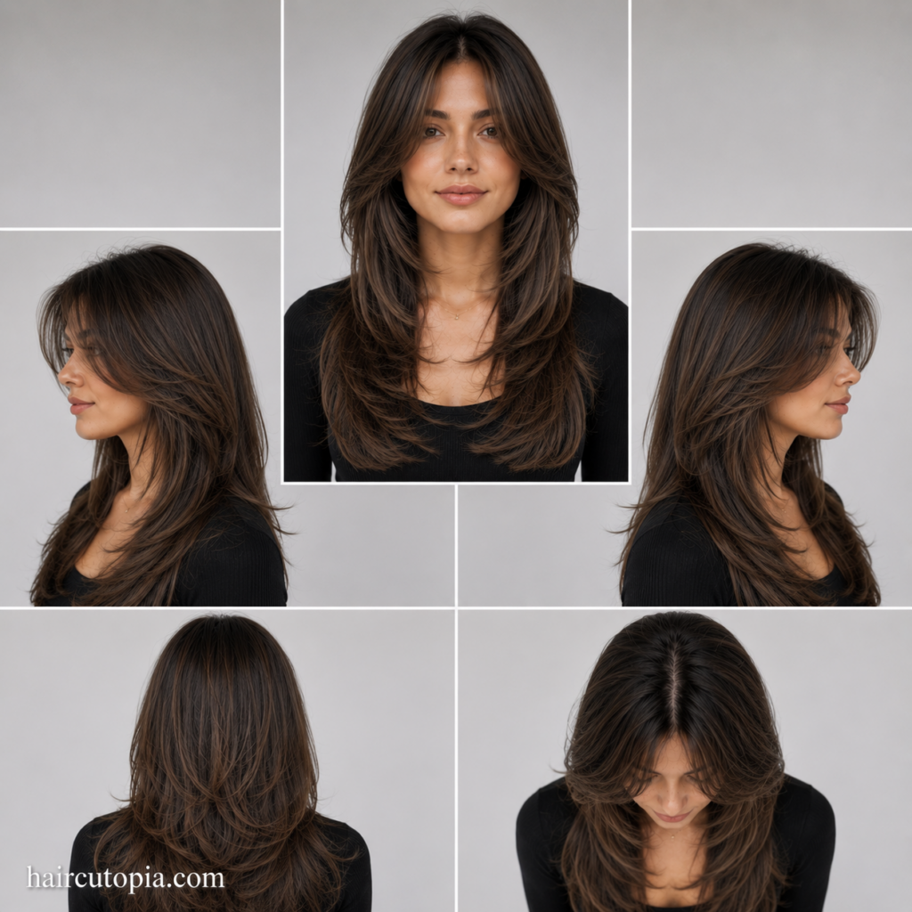 Five-view collage of a clean butterfly cut haircut showing the front, left side, right side, back, and top views with smooth layered volume.