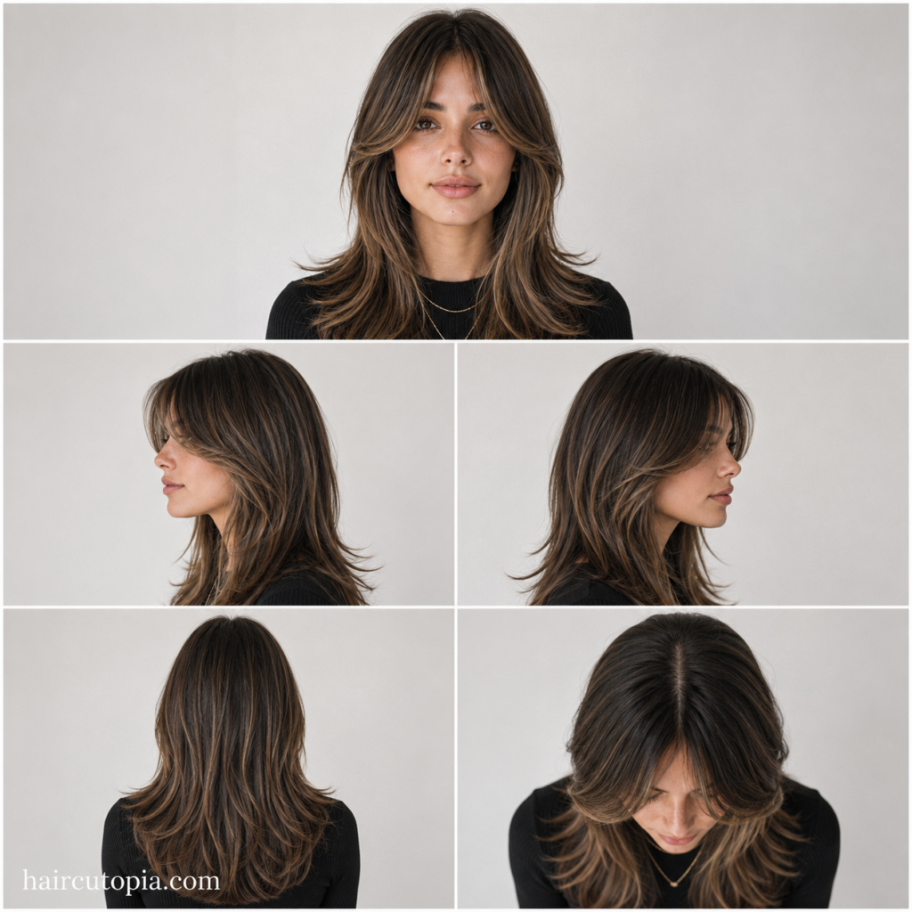 Clean curtain bangs haircut shown from front, left side, right side, back, and top views