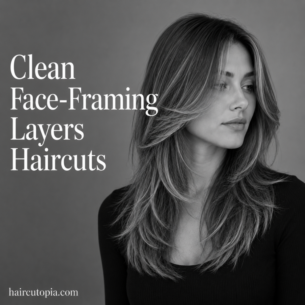Woman with a clean face-framing layered haircut in a black-and-white editorial portrait featuring smooth, polished layers.