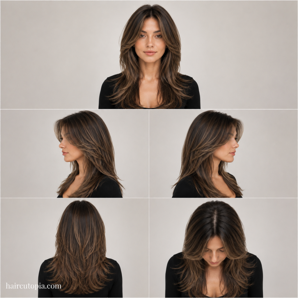 Five-view collage of a clean face-framing layered haircut showing the front, left side, right side, back, and bird's-eye views.