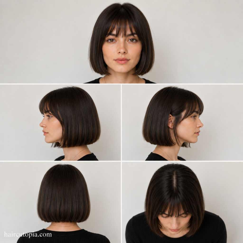 Clean French bob haircut shown from the front, side, back, and top views