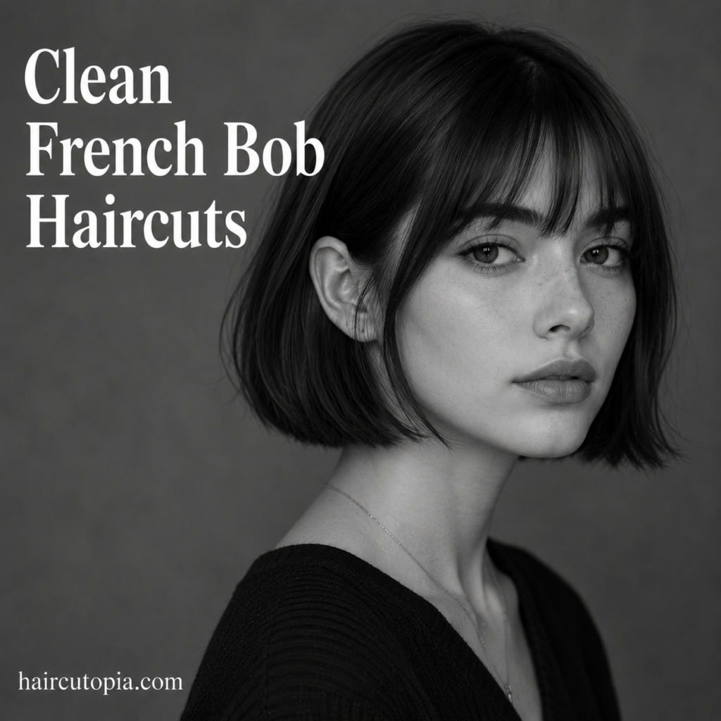 Clean French bob haircut with soft bangs and a sleek chin-length shape