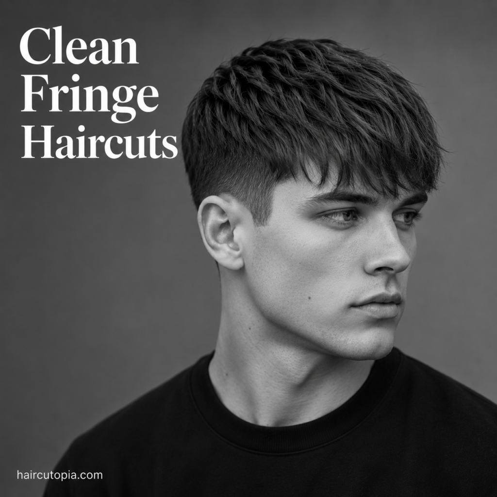 Man with a clean fringe haircut featuring a neatly textured top and tapered faded sides in a black-and-white editorial portrait.