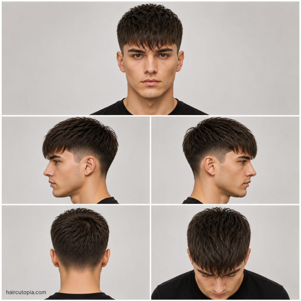 Five-view collage of a men's clean fringe haircut showing the front, left side, right side, back, and top views with a neatly textured top and tapered faded sides.
