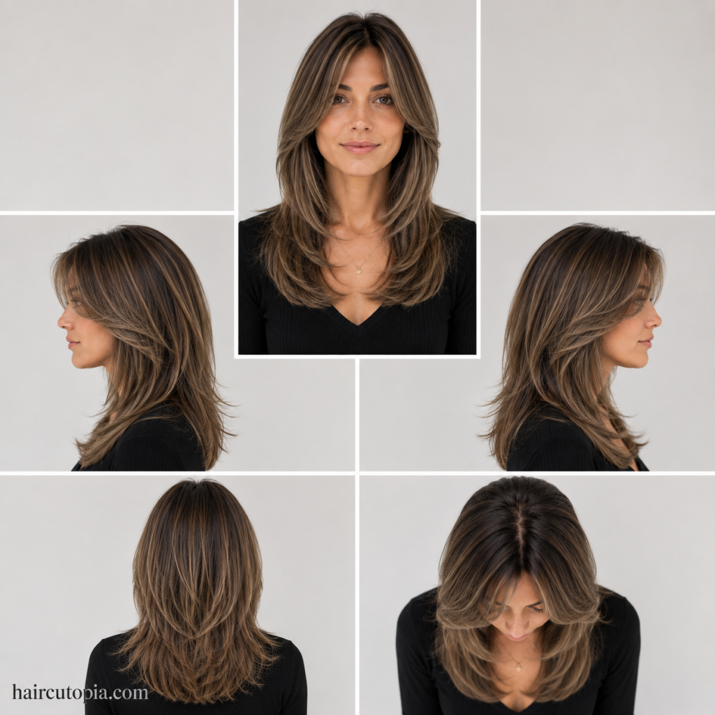 Five-panel collage showing a clean layered haircut from the front, left side, right side, back, and top views.