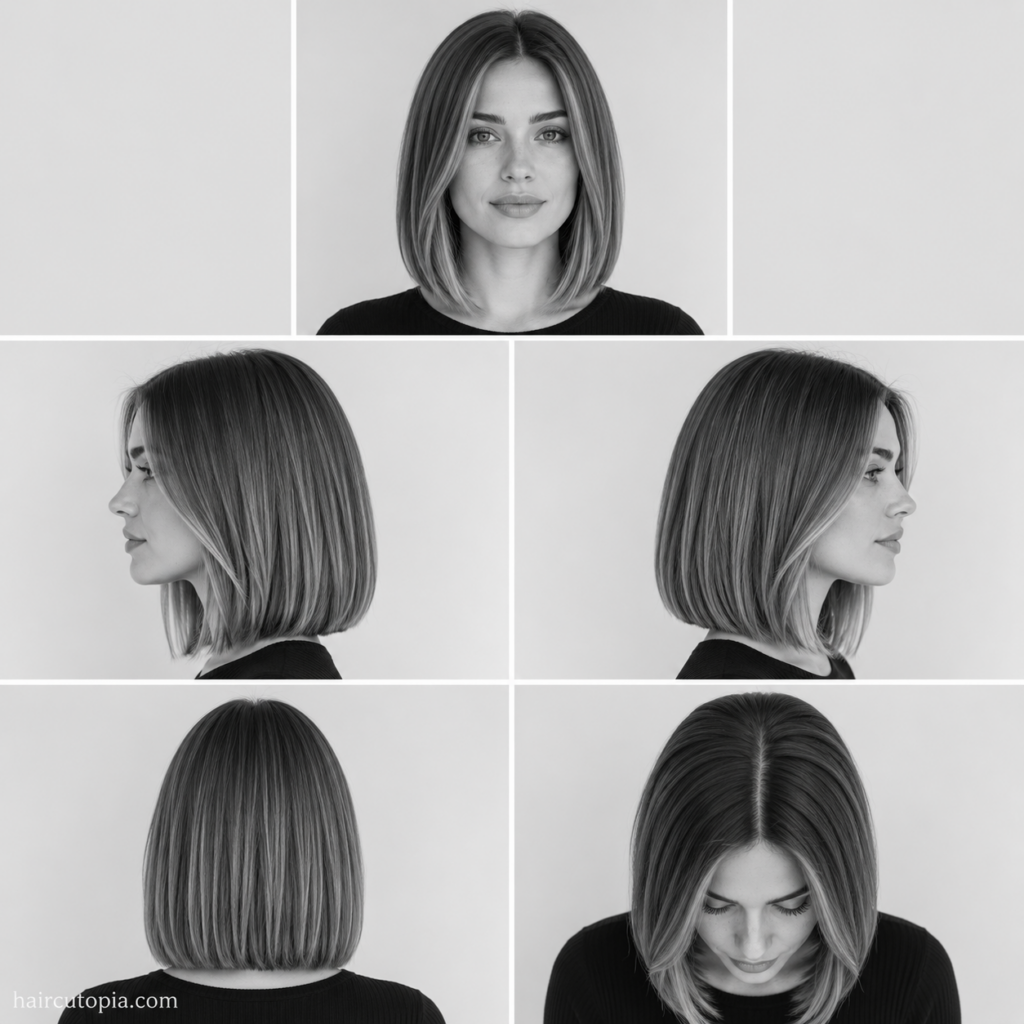Five-panel collage showing a clean lob haircut from the front, left side, right side, back, and top views with a sleek, polished finish.