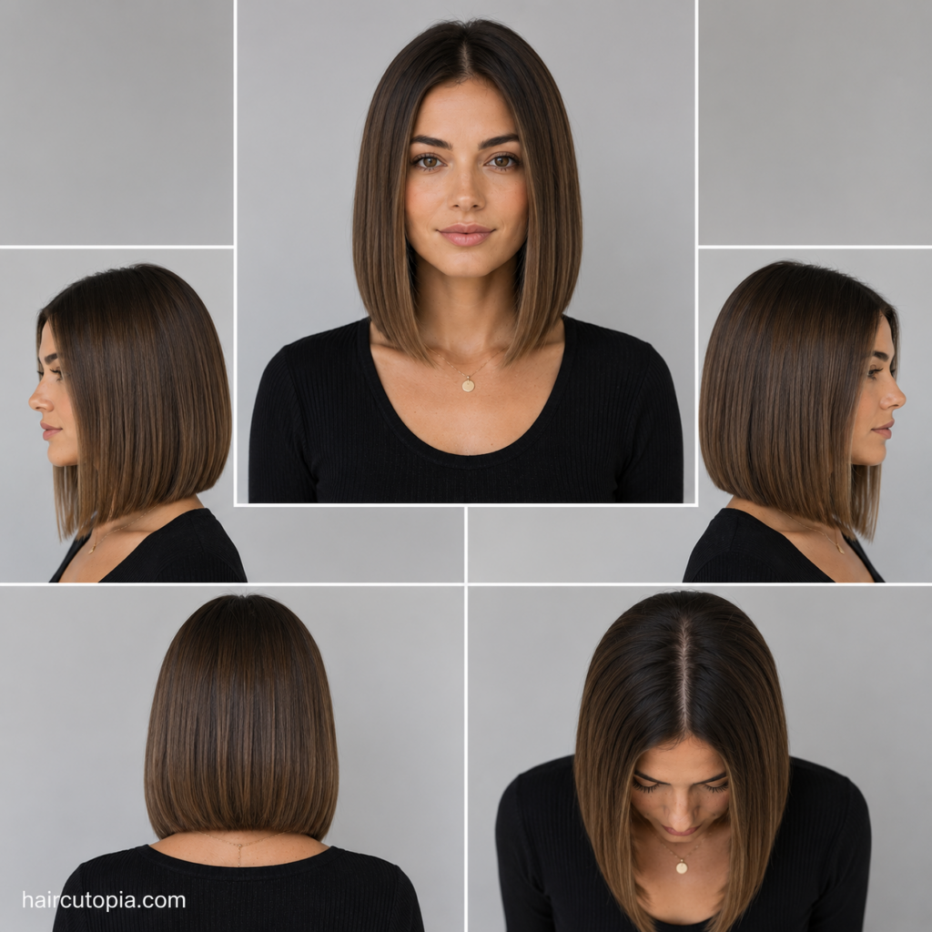 Five-view collage of a clean long bob haircut showing the front, left side, right side, back, and bird's-eye views.
