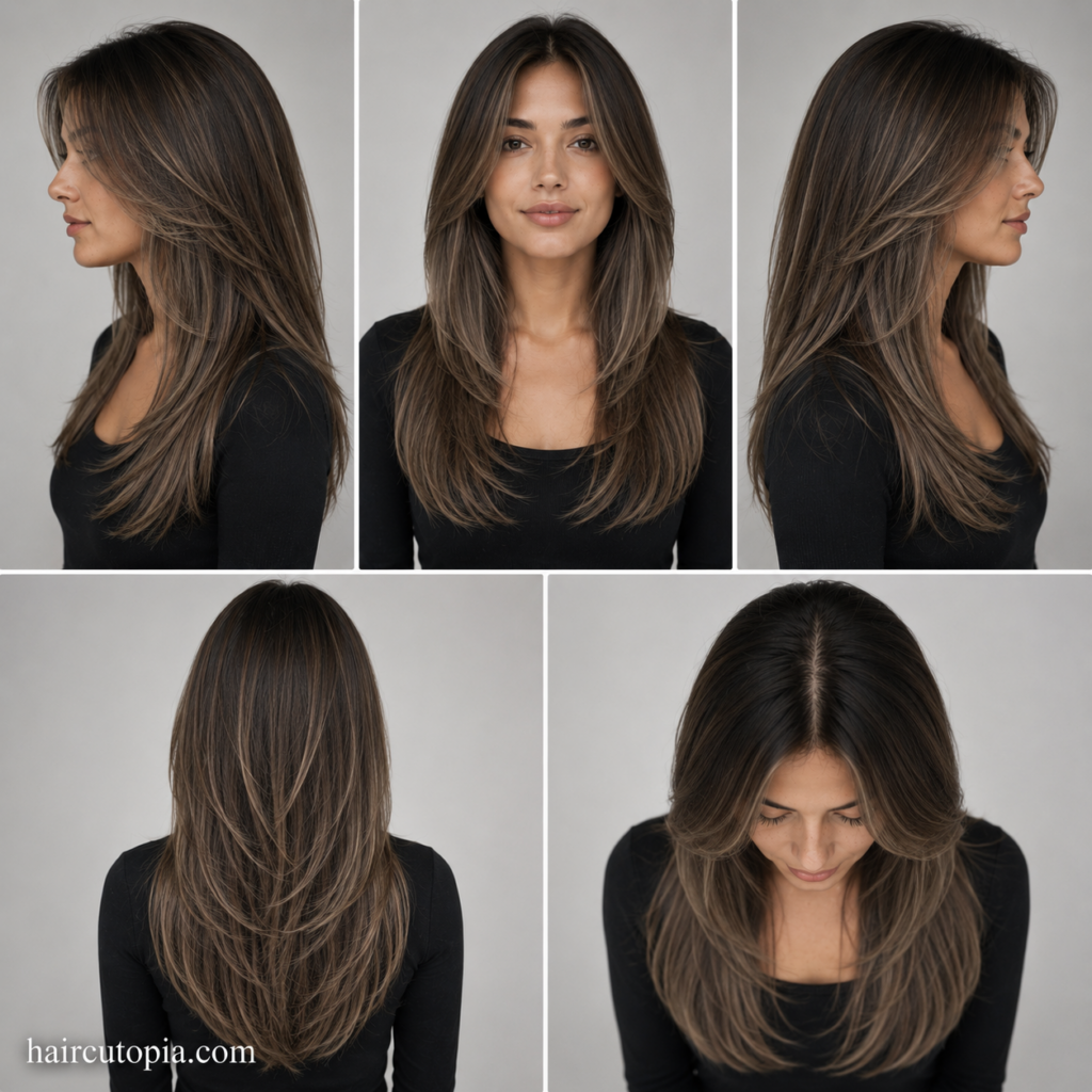Five-panel collage showing a clean long layers haircut from the front, left side, right side, back, and bird's-eye views.
