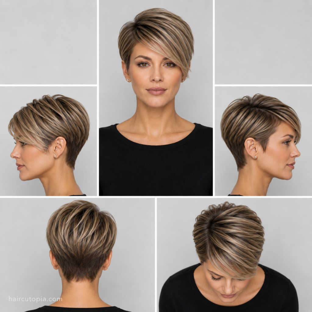 Five-panel collage showing a clean long pixie haircut from the front, left side, right side, back, and top views, highlighting smooth blended layers, a polished side-swept fringe, and a neatly tapered shape.