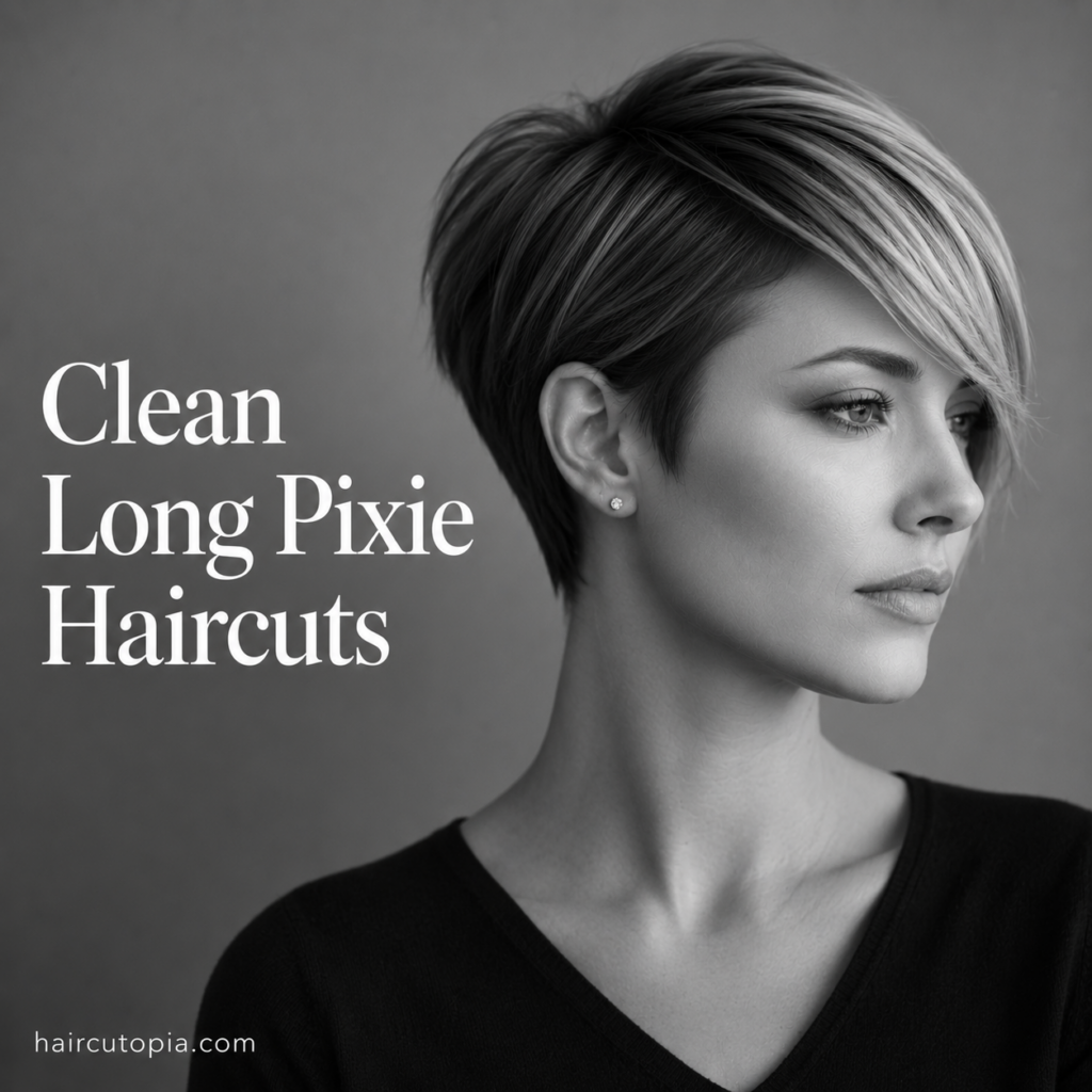 Woman with a clean long pixie haircut featuring smooth blended layers, controlled crown volume, a precise side-swept fringe, and a neatly shaped silhouette in a black-and-white editorial portrait.