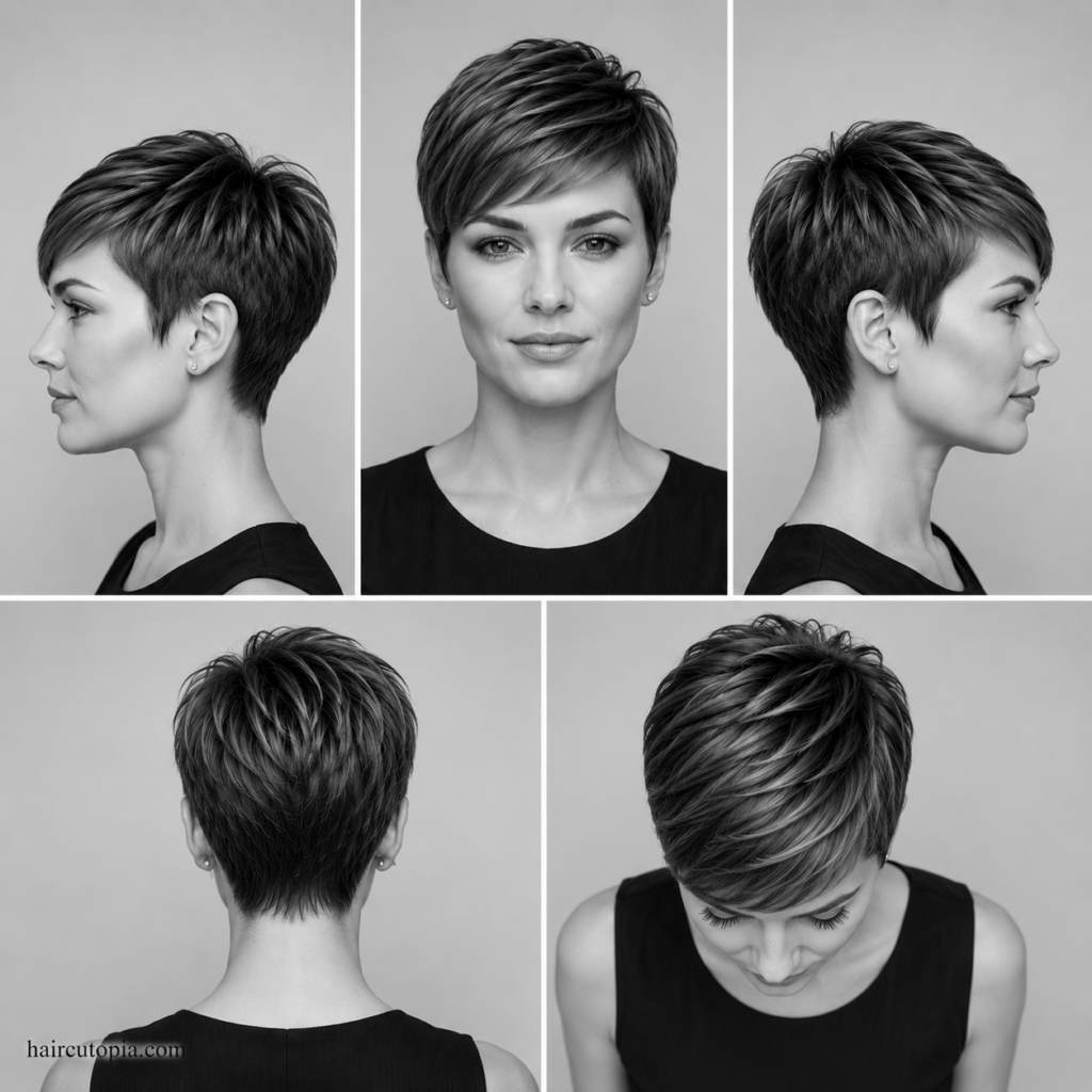 Clean pixie haircut shown from the front, left side, right side, back, and top views
