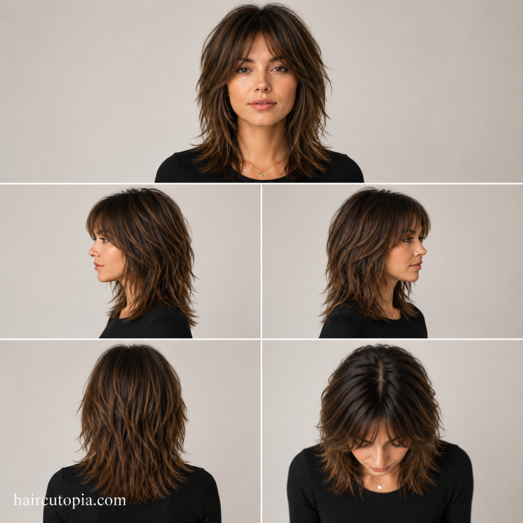 Five-view collage of a clean shag haircut showing the front, left side, right side, back, and top views with polished layered styling.