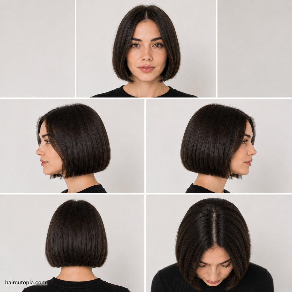 Five-view collage of a clean short bob haircut showing the front, left side, right side, back, and top views.