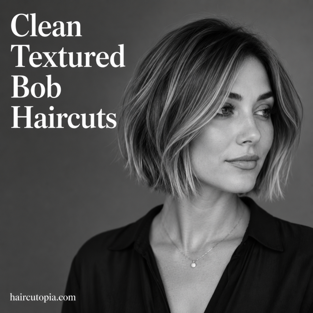 Woman with a clean textured bob haircut featuring soft layers in a black-and-white editorial portrait.