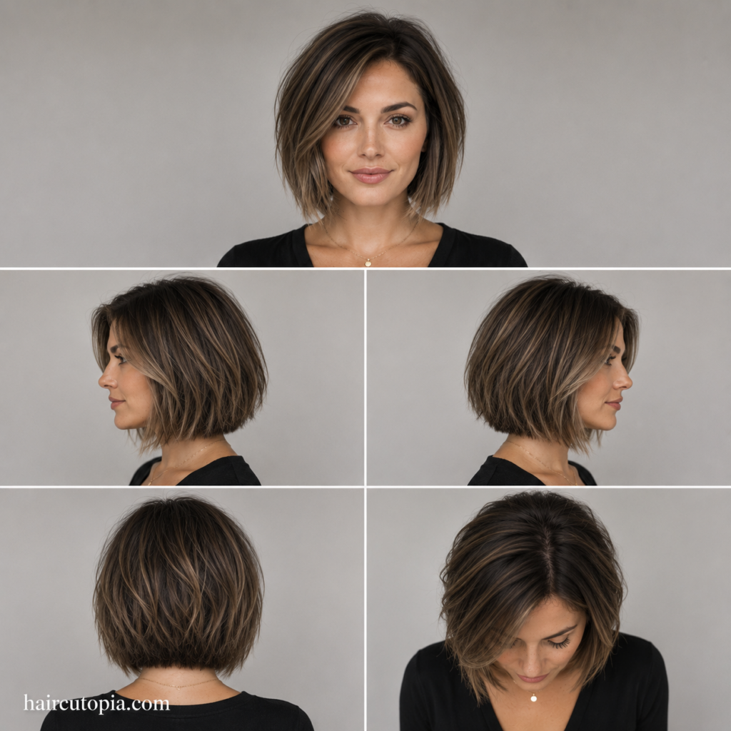 Five-view collage of a clean textured bob haircut showing the front, left side, right side, back, and top views.