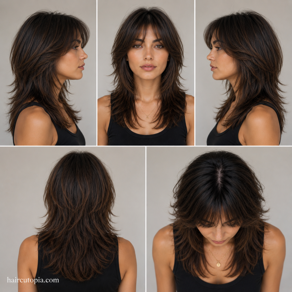 Five-view collage of a woman's clean wolf cut haircut showing the front, left side, right side, back, and bird's-eye views with soft layered styling.