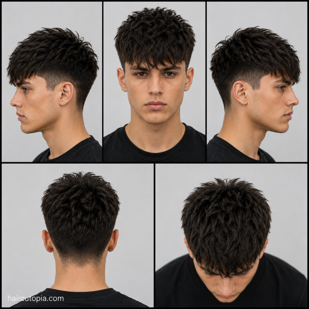 Five-view collage of a modern fringe haircut for coarse hair showing the front, left side, right side, back, and top views.