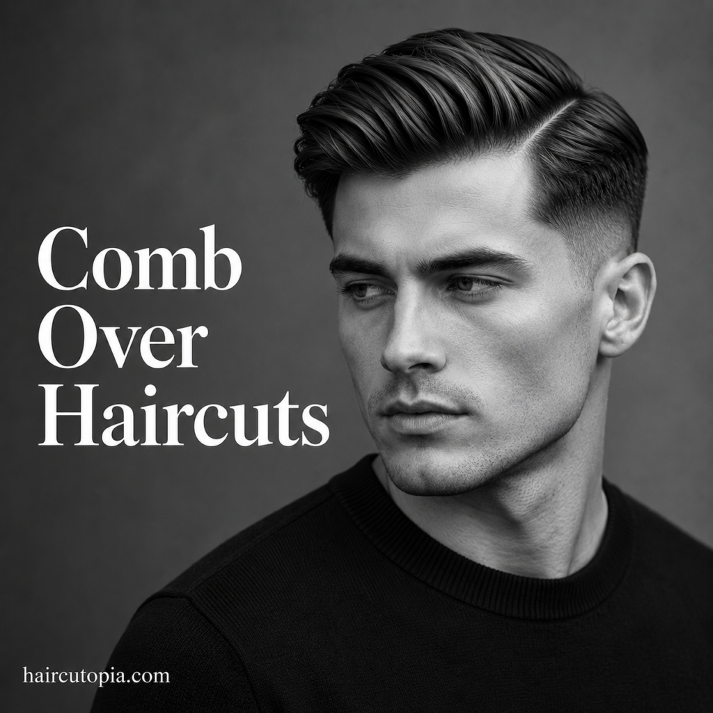 Modern comb over haircut with a textured side sweep, clean hard part, and tapered fade in a black and white editorial portrait.