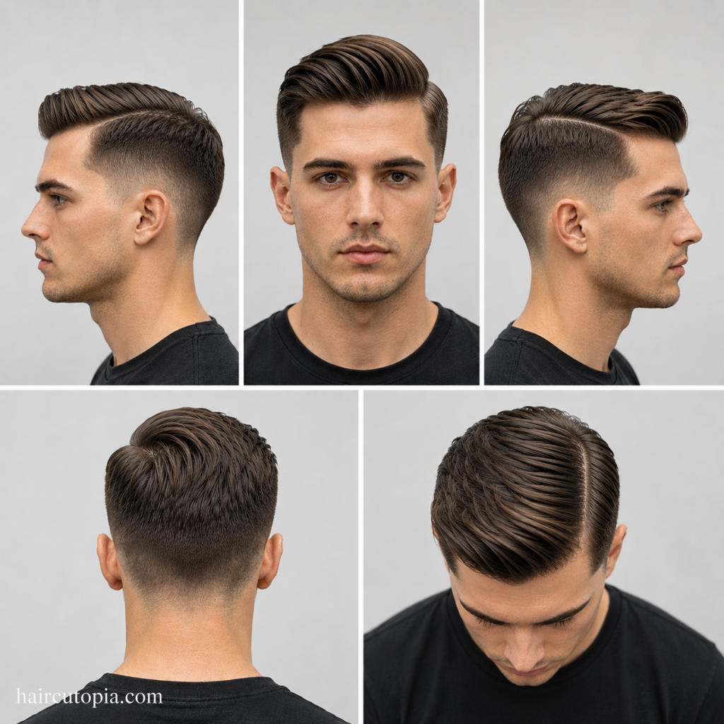 Five-view collage of a modern comb over haircut showing the front, left side, right side, back, and top views with a textured side sweep and low fade.