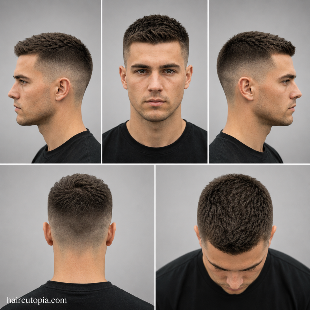 Five-view collage of a modern crew cut haircut showing the front, left side, right side, back, and top views with a textured top and tapered sides.