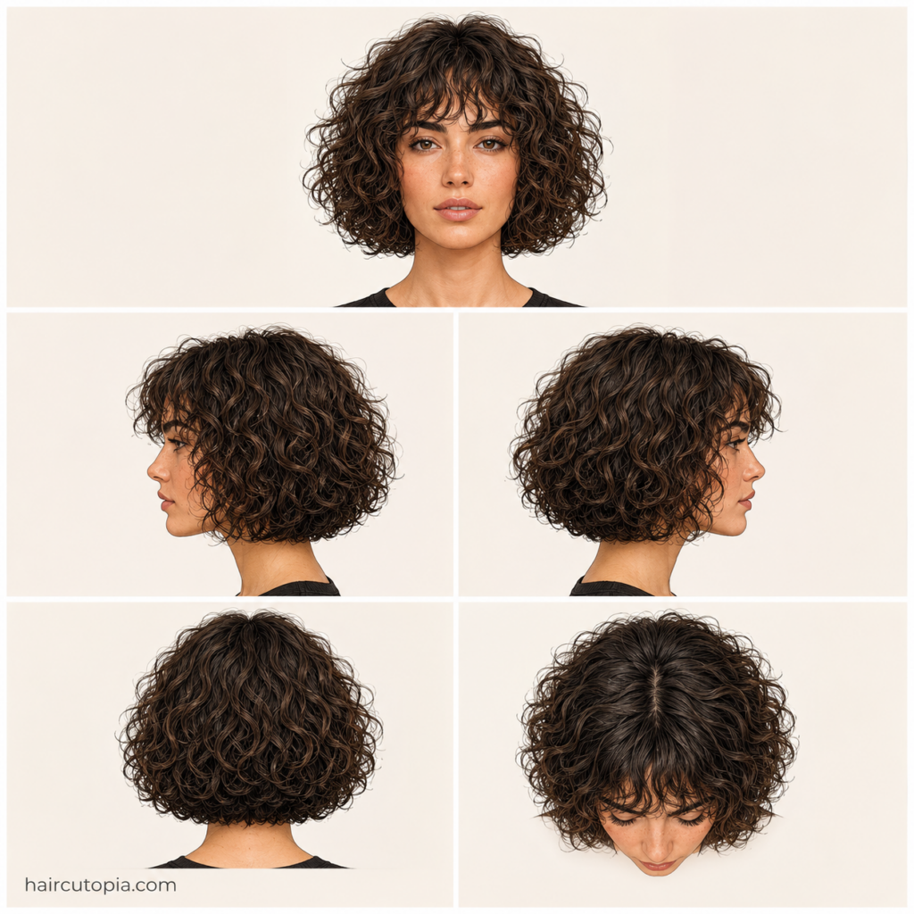 Curly French bob haircut shown from front, side, back, and top views