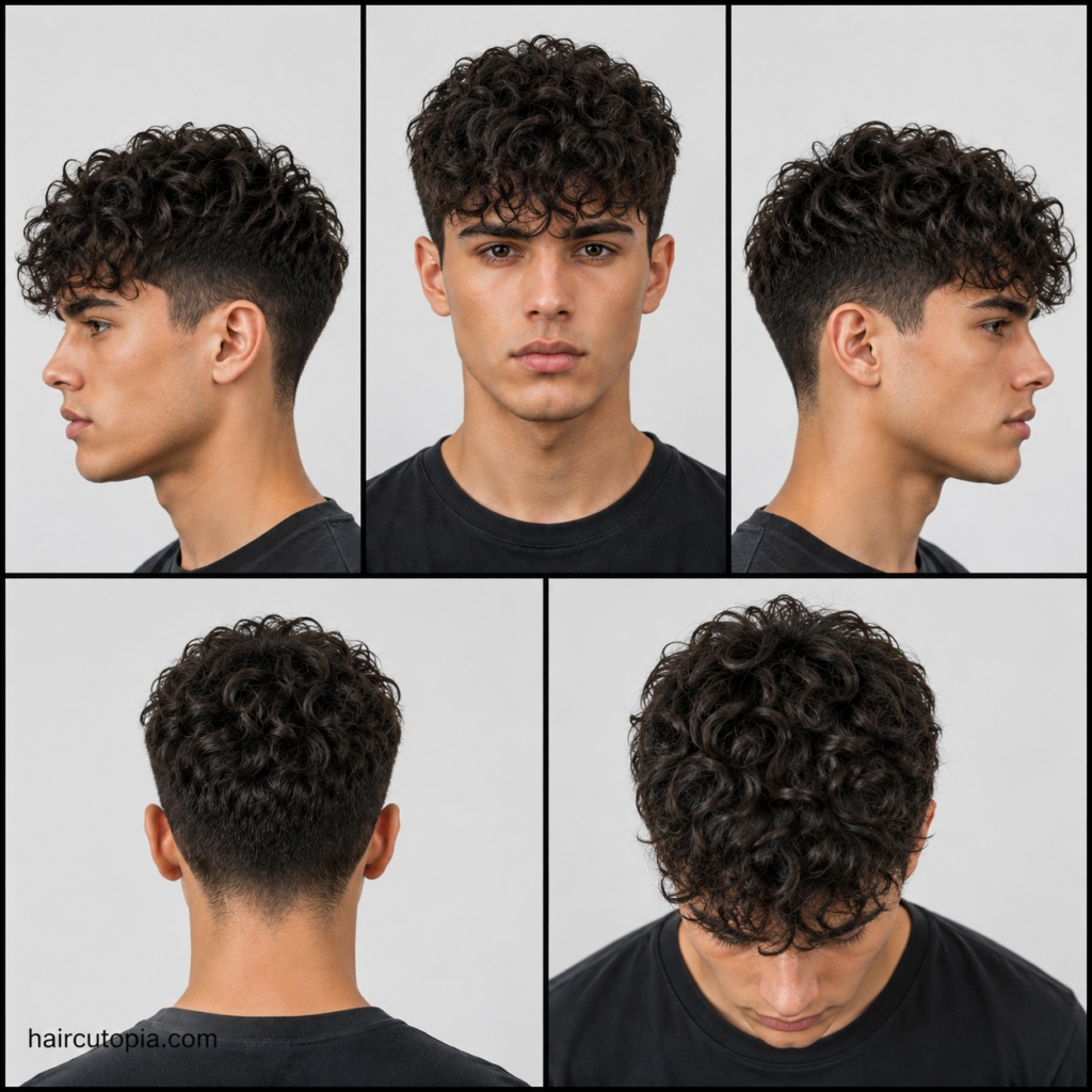Five-view collage of a modern curly fringe haircut showing the front, left side, right side, back, and top views.