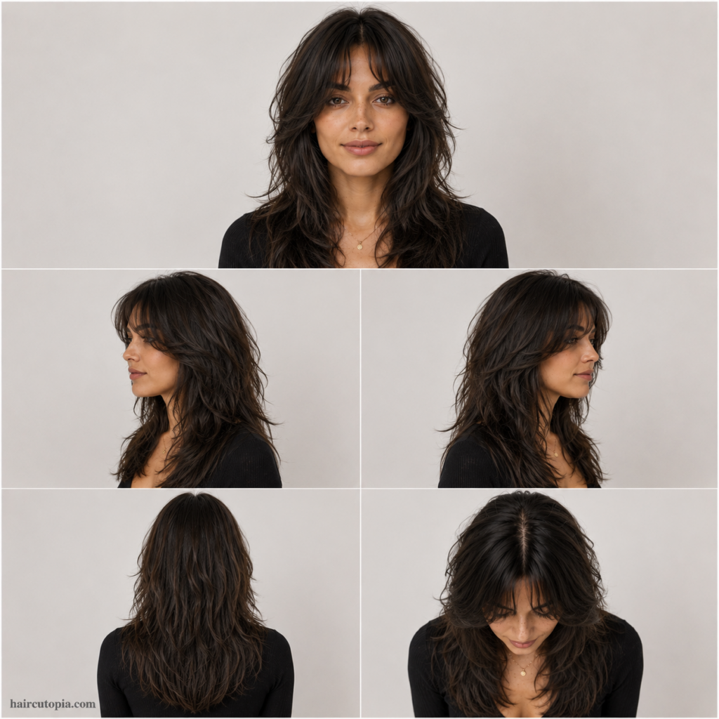 Five-view hairstyle collage showing curtain bangs for coarse hair from the front, left side, right side, back, and bird's-eye view.
