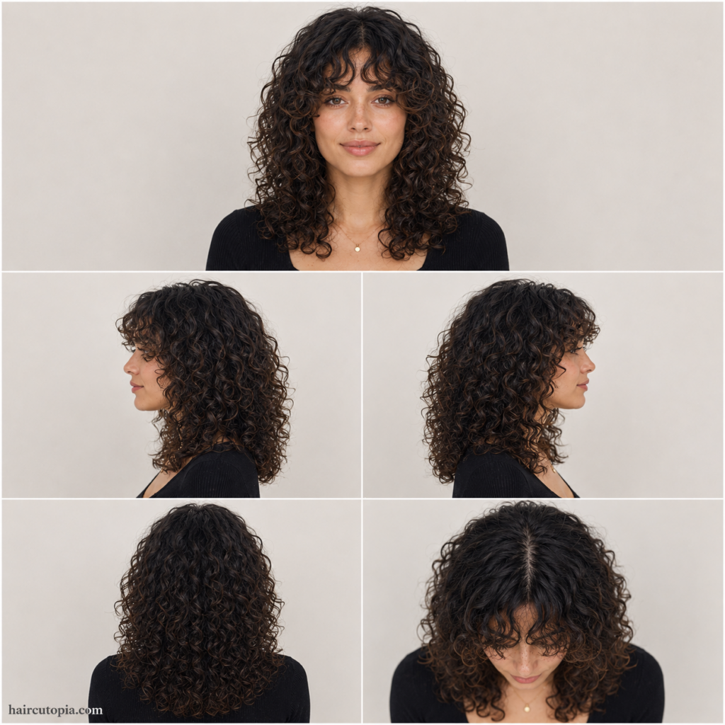 Five-view hairstyle collage showing curtain bangs for curly hair from the front, left side, right side, back, and bird's-eye view.