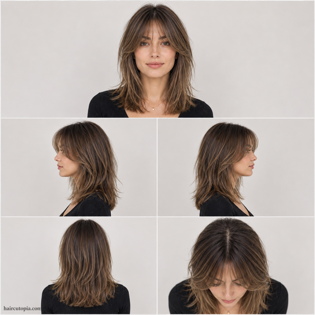 Five-view collage of a curtain bangs haircut for fine hair showing the front, left side, right side, back, and bird's-eye view.