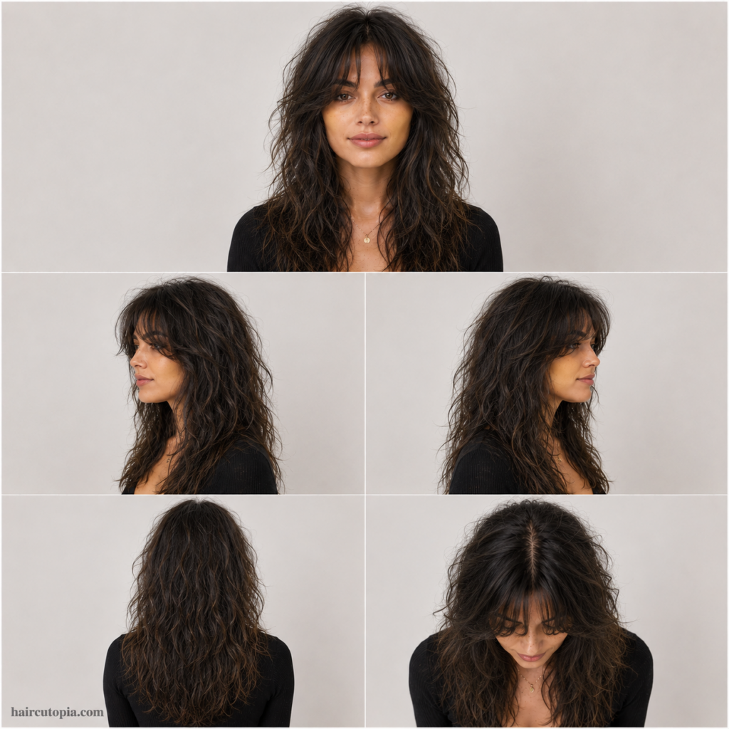 Five-view hairstyle collage showing curtain bangs for frizzy hair from the front, left side, right side, back, and bird's-eye view.