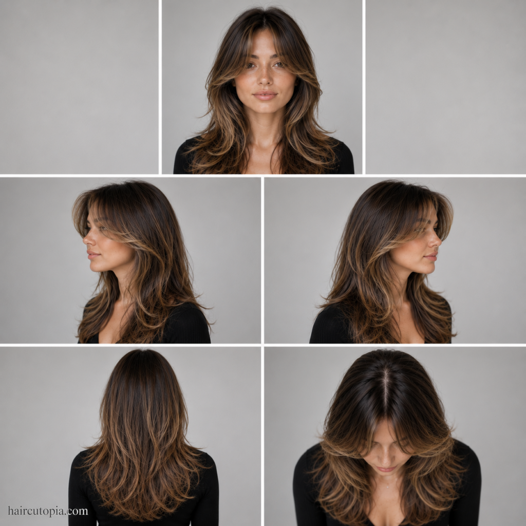 Curtain bangs haircut shown from front, left side, right side, back, and top views