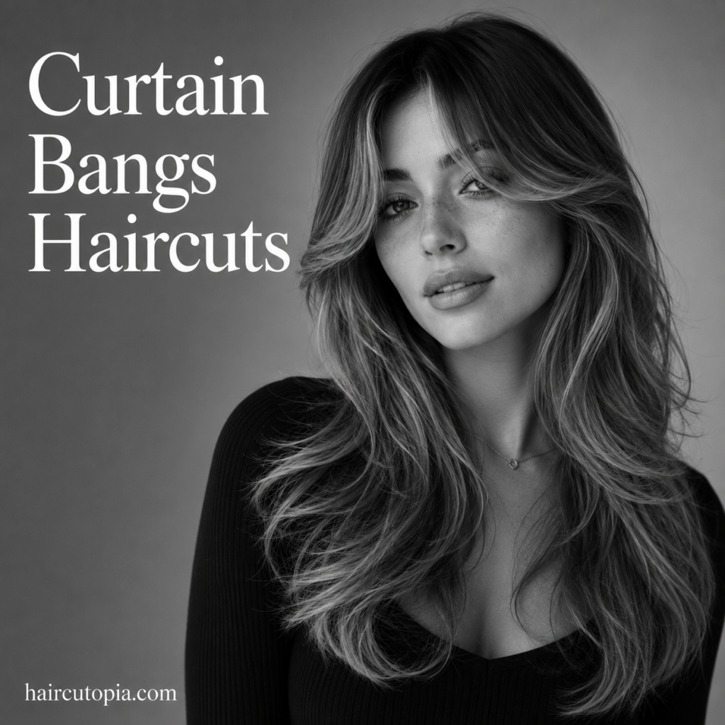 Woman with long curtain bangs and soft face-framing layers