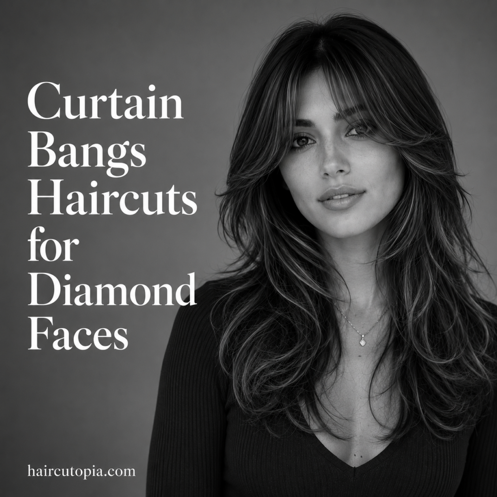 Woman with long layered curtain bangs hairstyle designed to flatter a diamond-shaped face.
