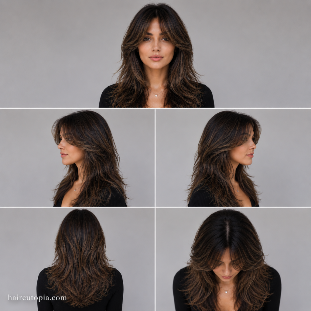 Five-view collage of a woman with layered curtain bangs for a diamond-shaped face showing the front, left side, right side, back, and top views.
