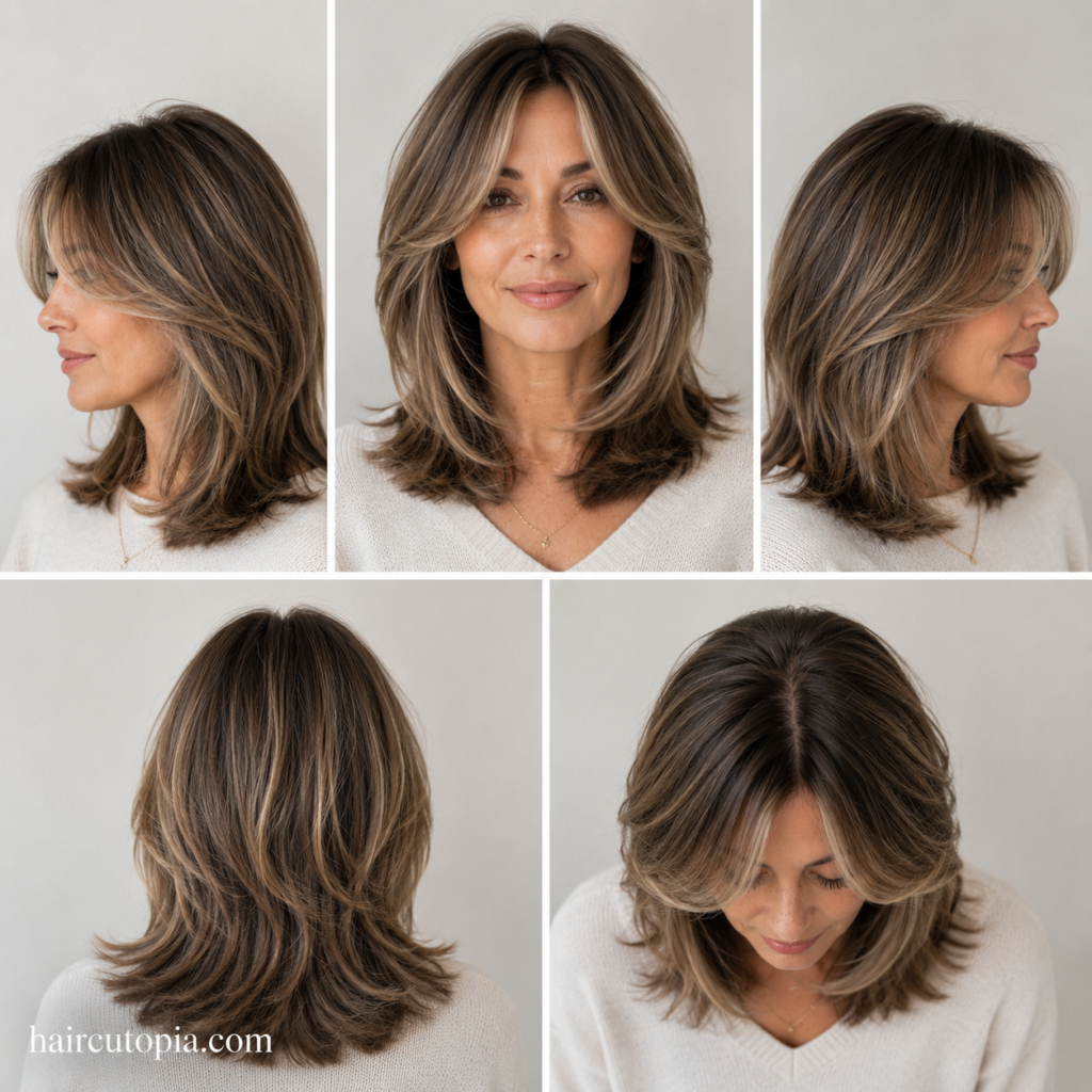 Five-view collage of a busy mom with a layered curtain bangs haircut showing the front, left side, right side, back, and bird's-eye views.