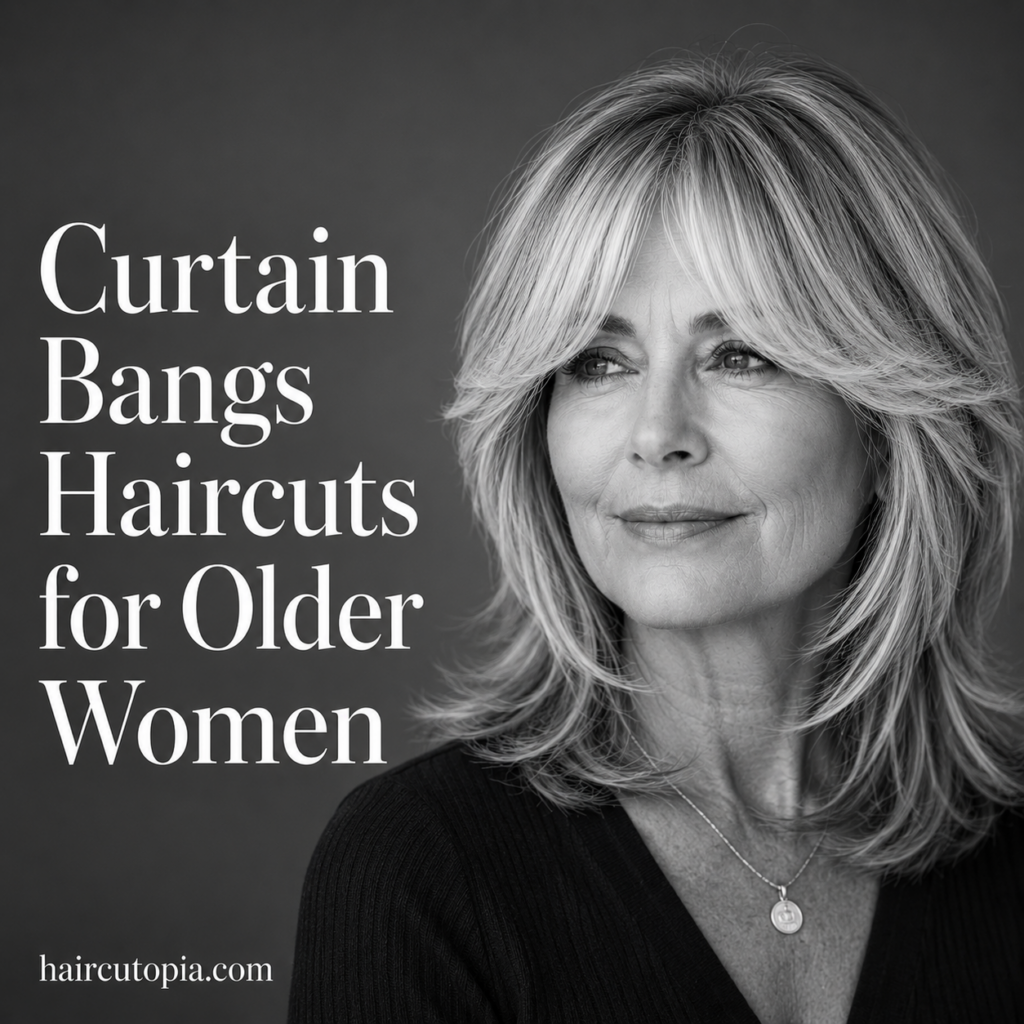 Older woman with a layered haircut and soft curtain bangs in a black-and-white editorial portrait.