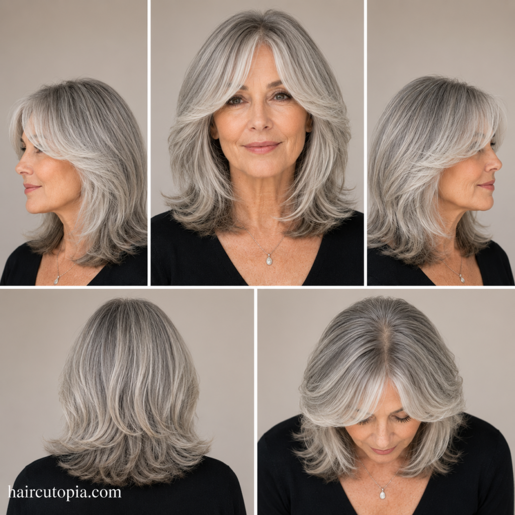 Five-view collage of an older woman with a layered curtain bangs haircut showing the front, left side, right side, back, and bird's-eye views.