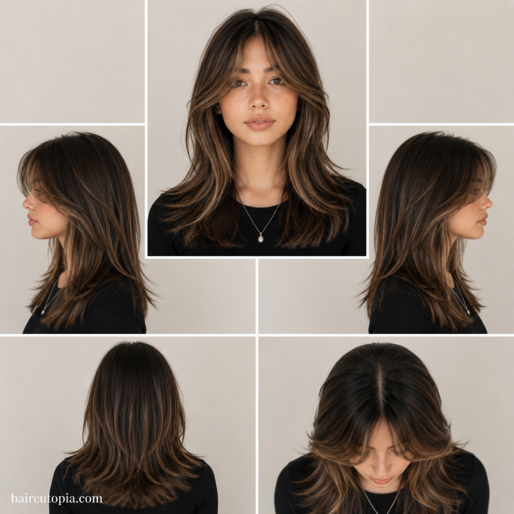 Five-view collage of a teen girl with a layered curtain bangs haircut showing the front, left side, right side, back, and top views.