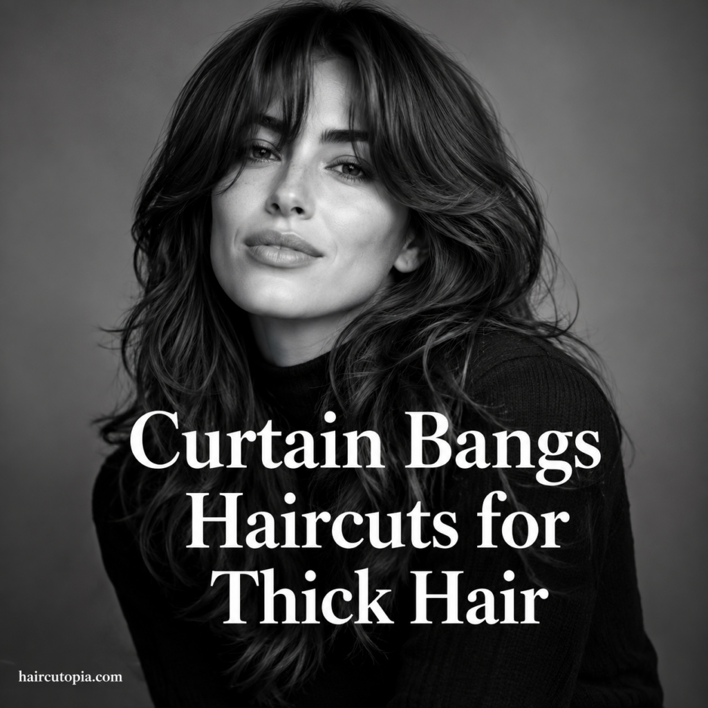 Woman with thick layered hair featuring stylish curtain bangs.