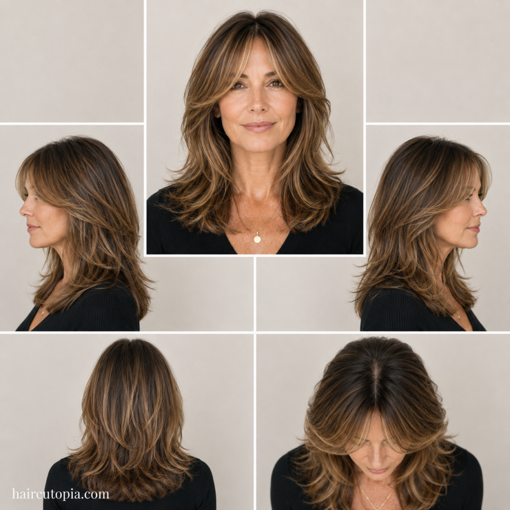 Five-view collage of a woman over 40 with a layered curtain bangs haircut showing the front, left side, right side, back, and top views.