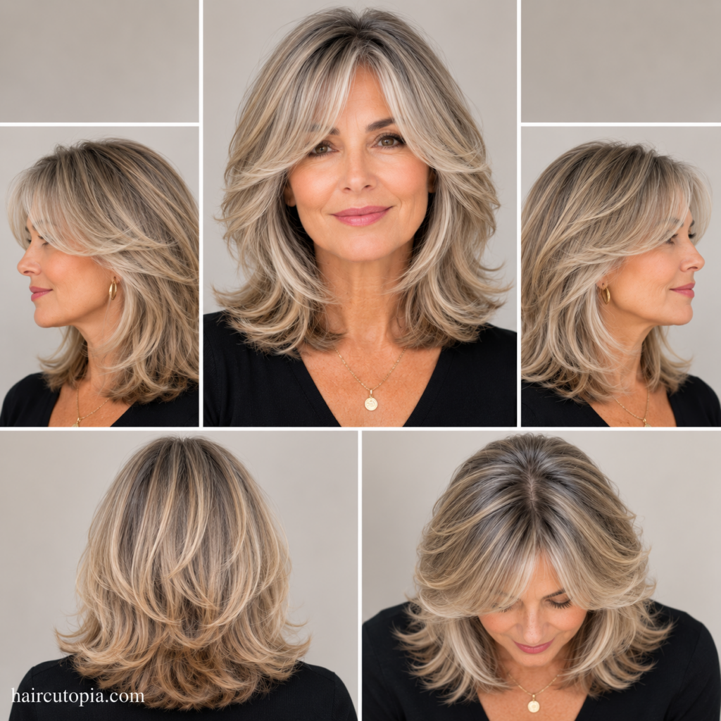 Five-view collage of a woman over 50 with a layered curtain bangs haircut showing the front, left side, right side, back, and bird's-eye views.