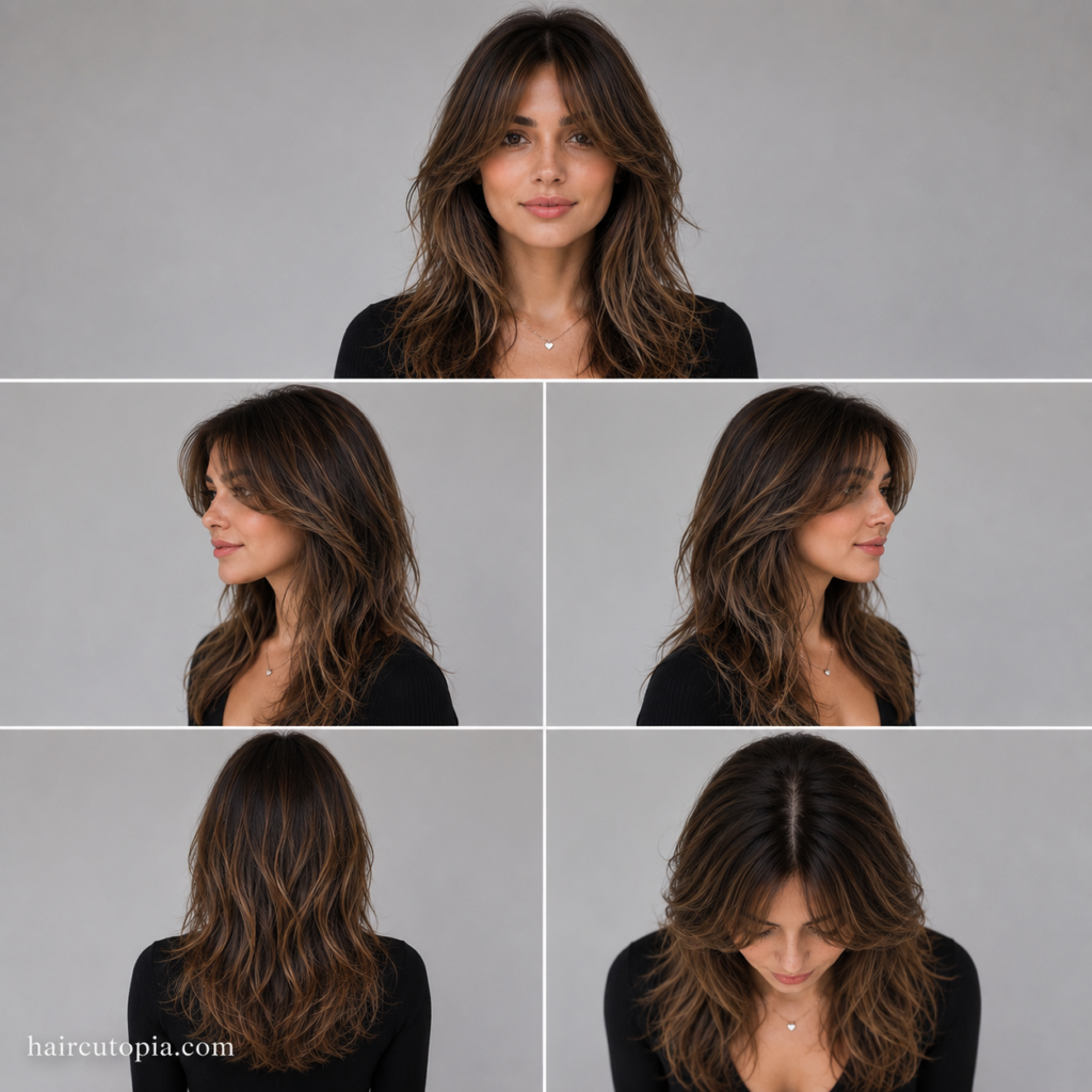 Five-view collage of a woman with layered curtain bangs for a heart-shaped face showing the front, left side, right side, back, and top views.