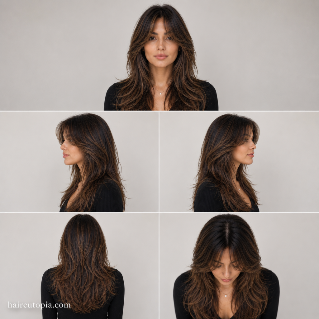 Five-view collage of a woman with layered curtain bangs for a long face showing the front, left side, right side, back, and top views.
