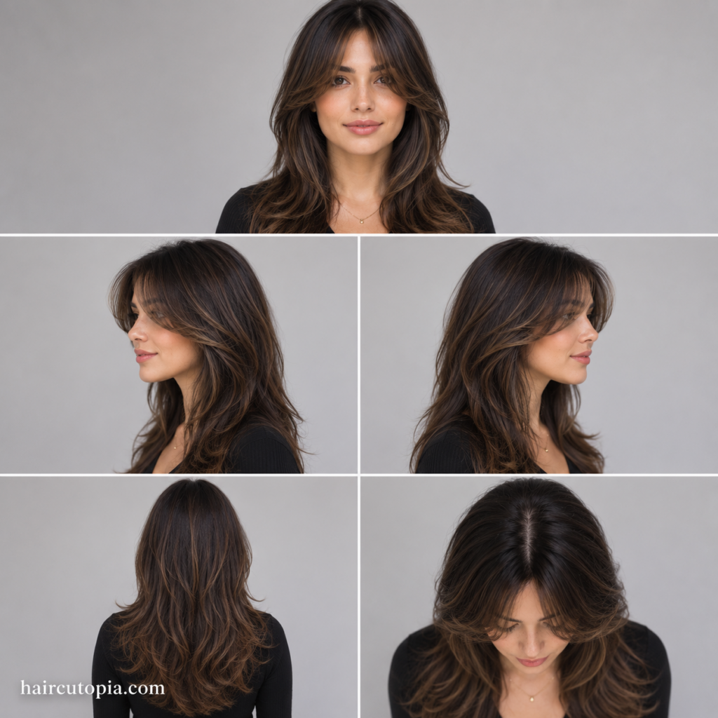 Five-view collage of a woman with layered curtain bangs for an oval face showing the front, left side, right side, back, and top views.