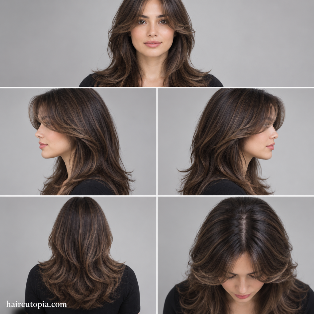 Five-view collage of a woman with layered curtain bangs for a round face showing the front, left side, right side, back, and top views.