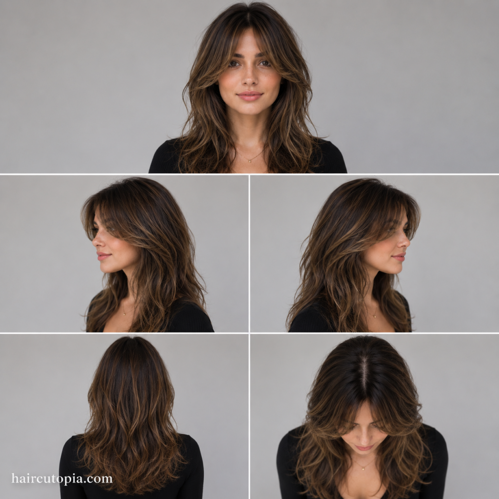 Five-view collage of a woman with layered curtain bangs for a square face showing the front, left side, right side, back, and top views.