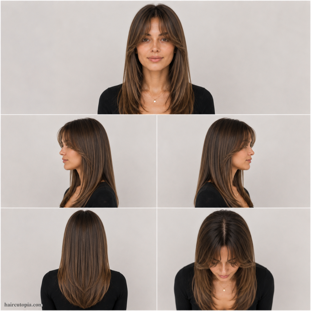 Five-view hairstyle collage showing curtain bangs for straight hair from the front, left side, right side, back, and bird's-eye view.