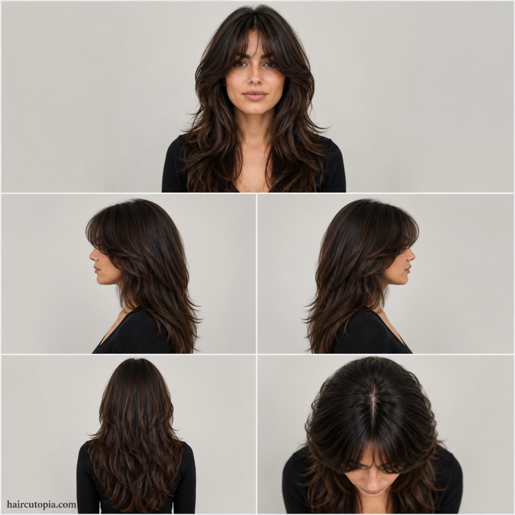 Five-angle collage showing curtain bangs haircut for thick hair from the front, left side, right side, back, and top view.