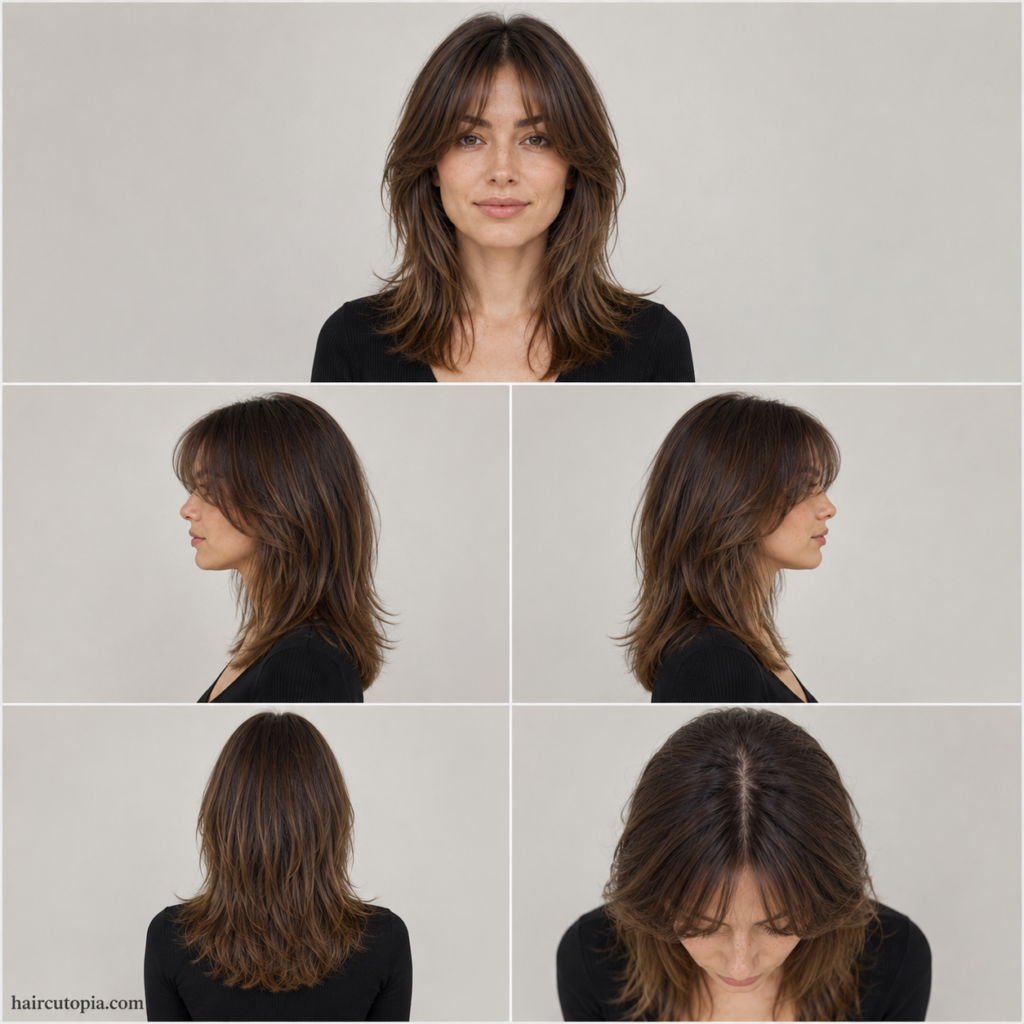 Five-view hairstyle collage showing curtain bangs for thin hair from the front, left side, right side, back, and bird's-eye view.