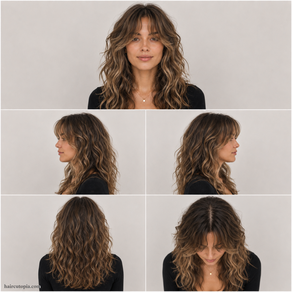 Five-view hairstyle collage showing curtain bangs for wavy hair from the front, left side, right side, back, and bird's-eye view.